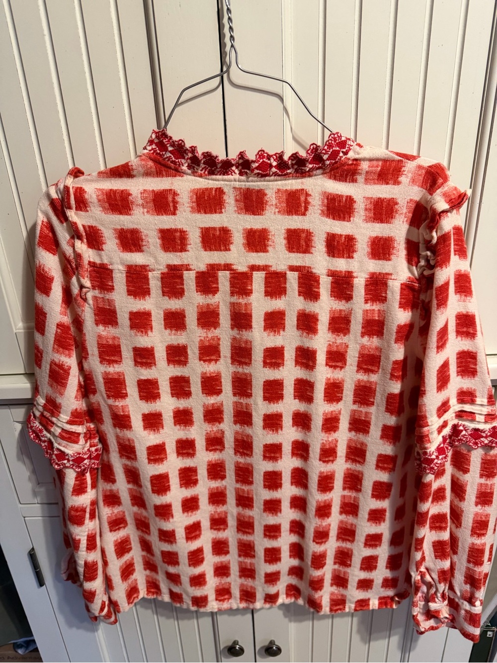 Textured Red & White Ruffle Button-Down Blouse - Picture 3 of 3
